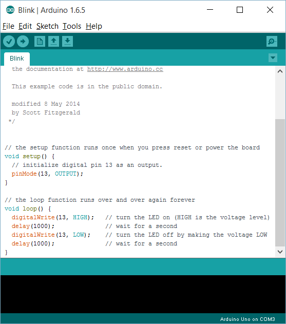 Blink示例程序：setup/loop结构与状态栏 Arduino Uno on COM3