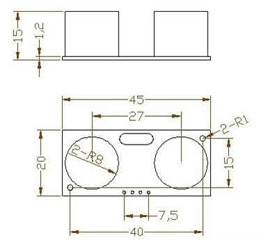 HC-SR04外形尺寸（45×20mm），探测角度约15°