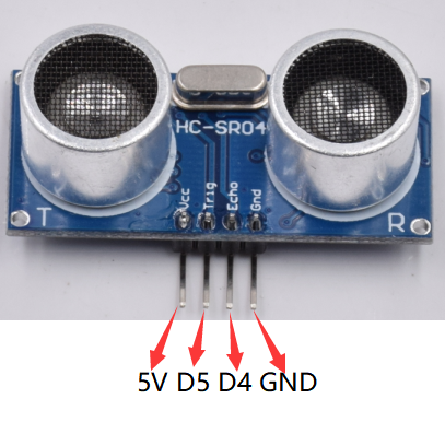 HC-SR04实物接线（图示为参考接法，本课程按Trig→D9、Echo→D10接线）
